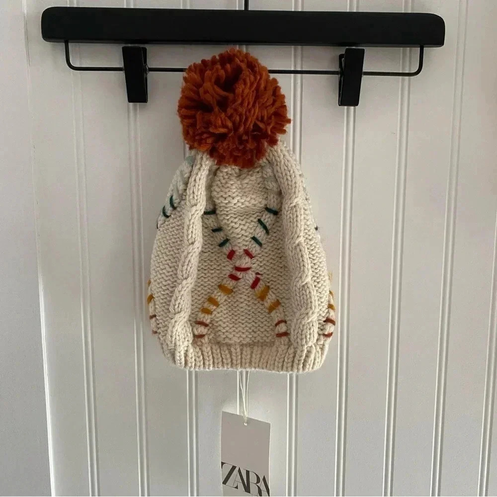 Zara Accessories Cream Stitch Knit Pom Beanie Hat 6-9 Years NWT